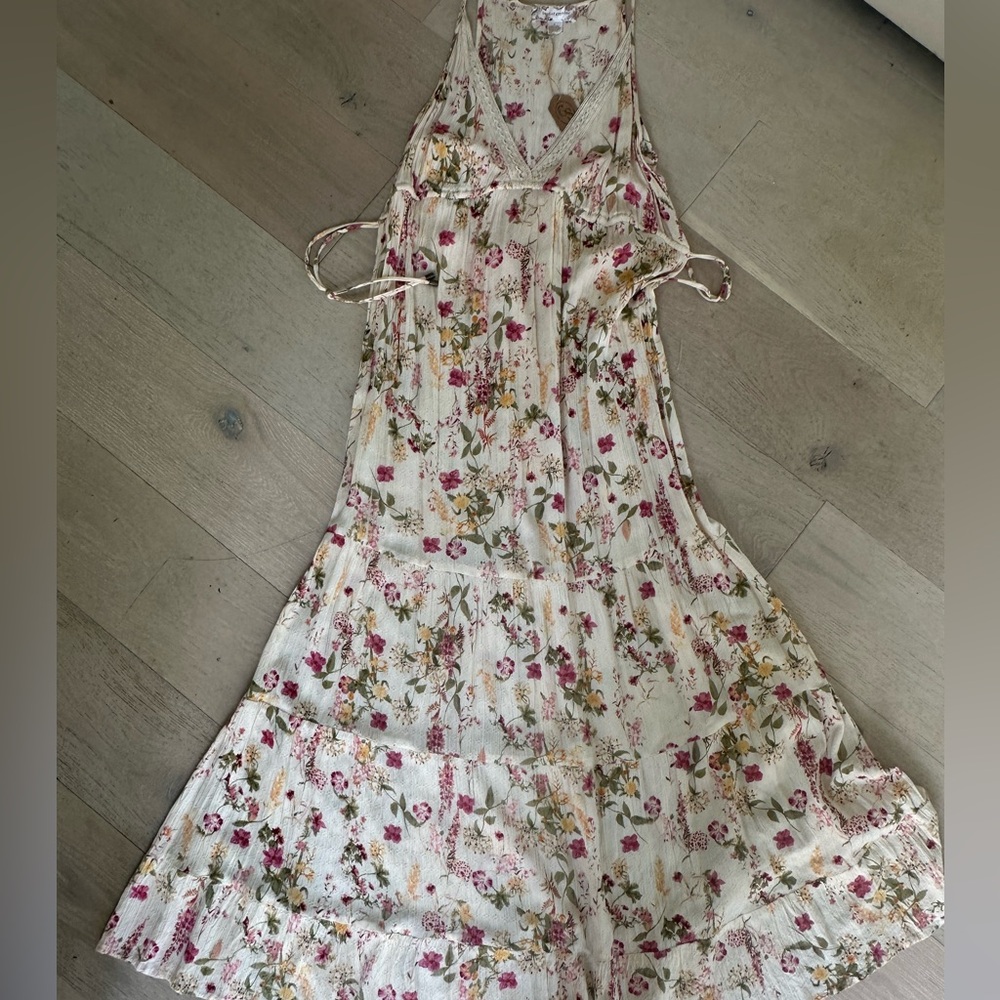 Band of Gypsies Cream Floral Tiered Maxi Dress with Pink & Green